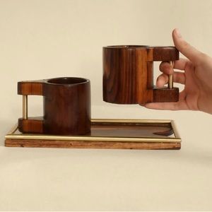 Handmade. Imported. NWT. Set of Wood & Solid Brass Coffee/Tea Mugs with Tray.